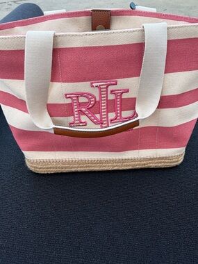 Ralph Lauren Pink and Cream Striped Canvas Tote with RL Embroidery